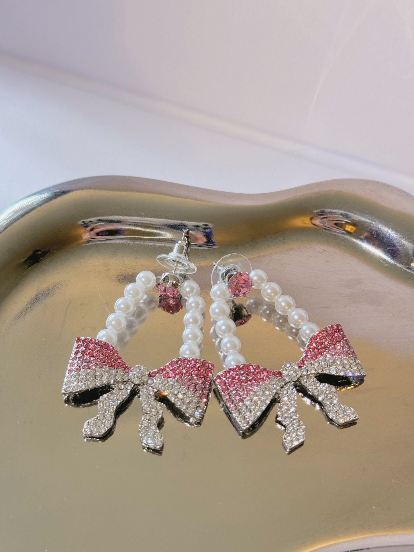 Pearl Rhinestone Silver Pink Large Diamante Bow Drop Earrings