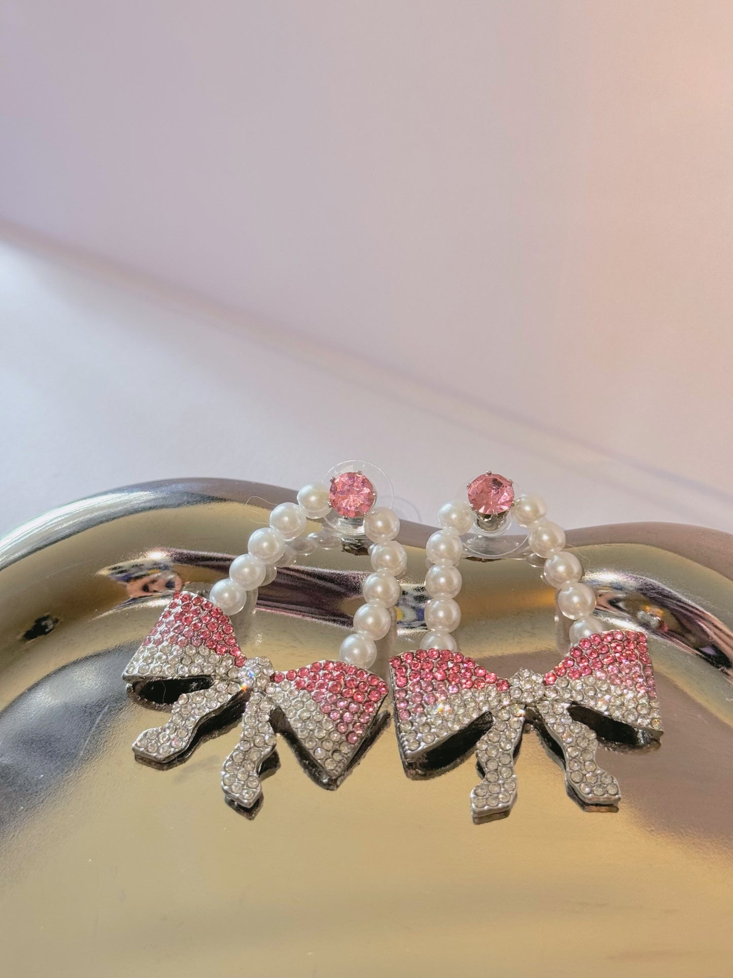 Pearl Rhinestone Silver Pink Large Diamante Bow Drop Earrings