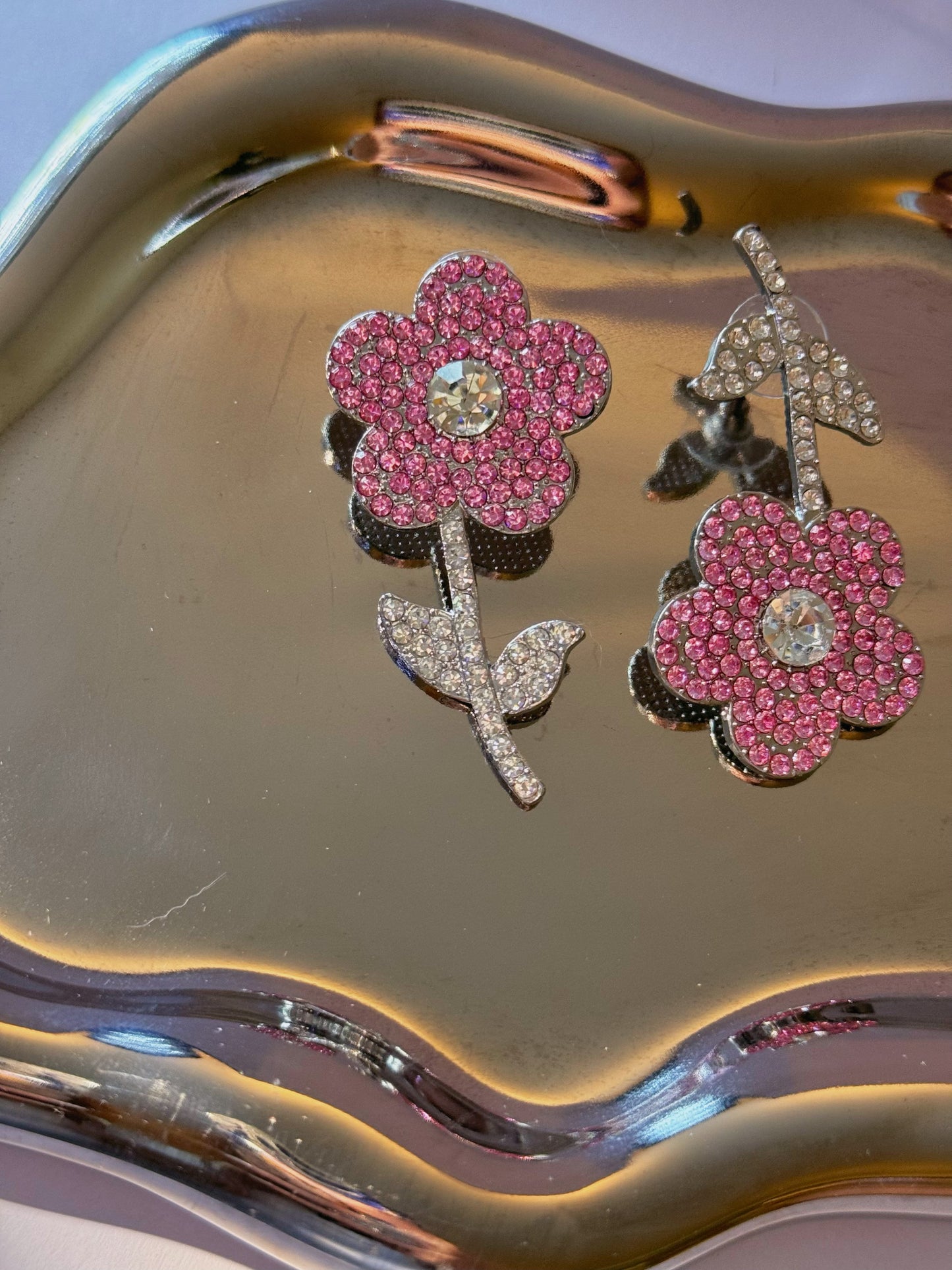 Pink Diamante Large Flower Drop Earings