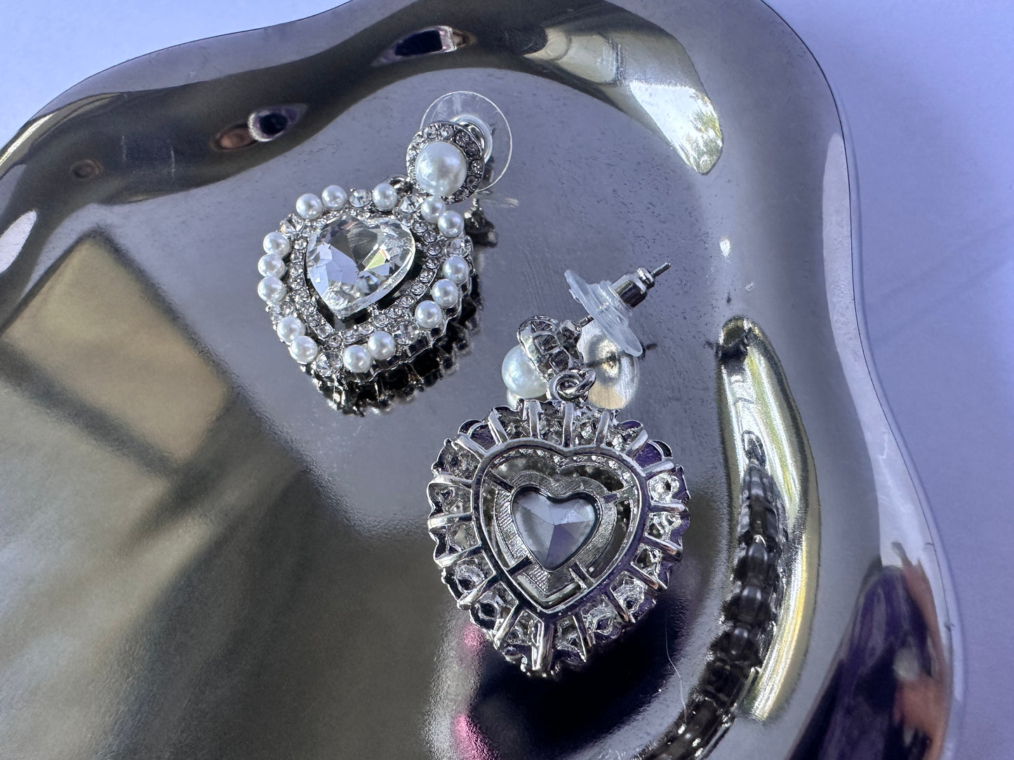 Pearl Diamante Heart Drop Earings