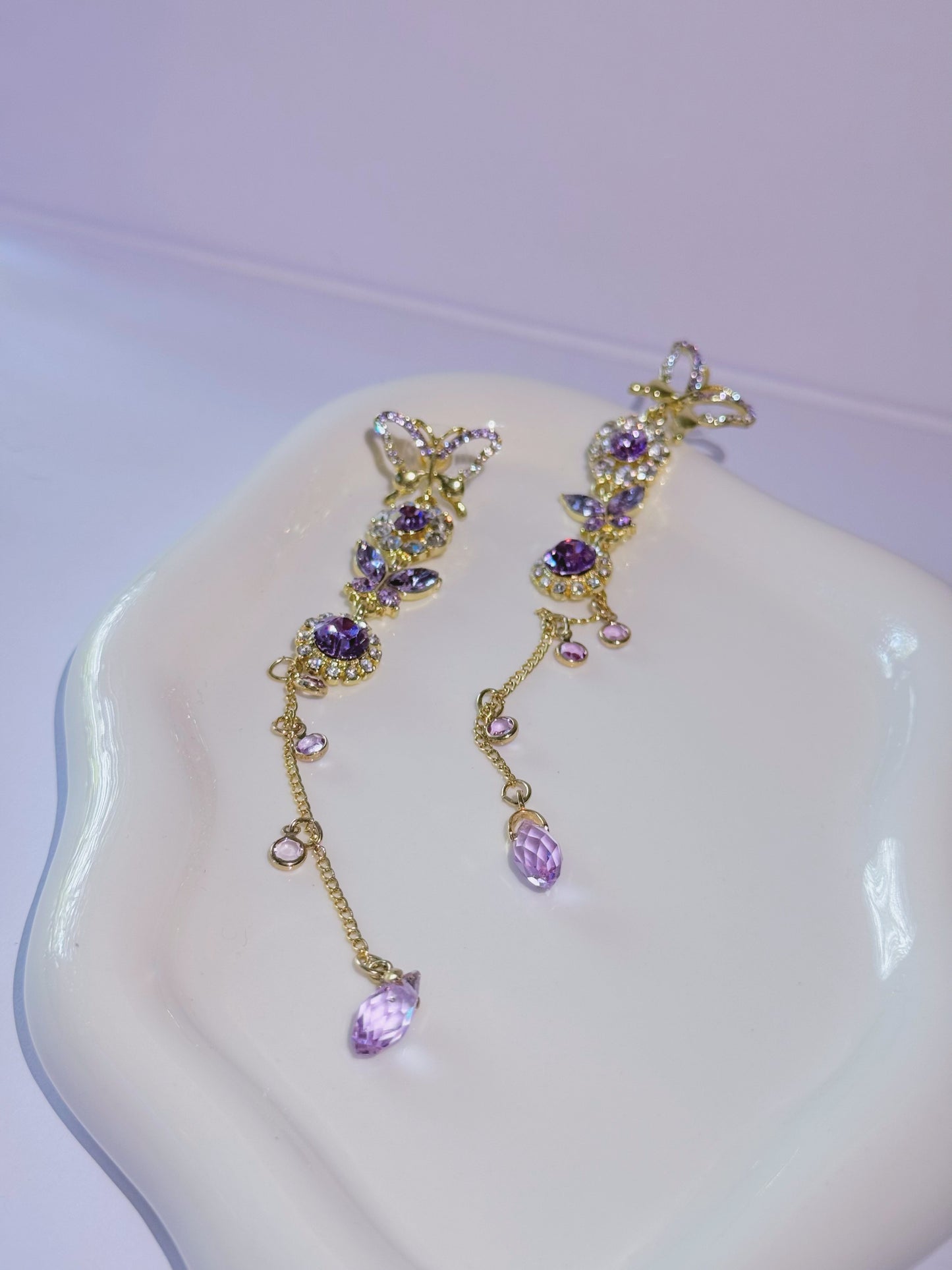 Gold Purpul Diamante Butterfly Crystal Dangle Earrings