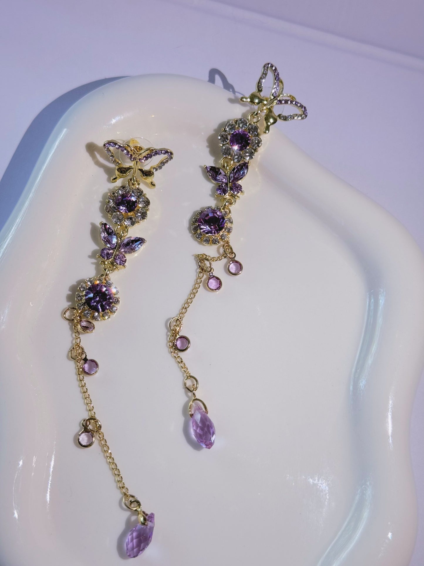 Gold Purpul Diamante Butterfly Crystal Dangle Earrings