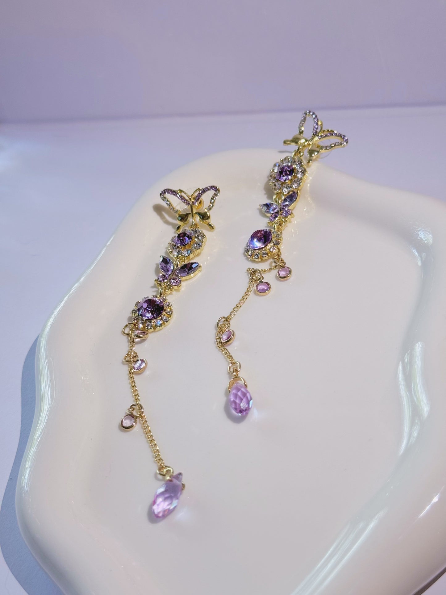 Gold Purpul Diamante Butterfly Crystal Dangle Earrings