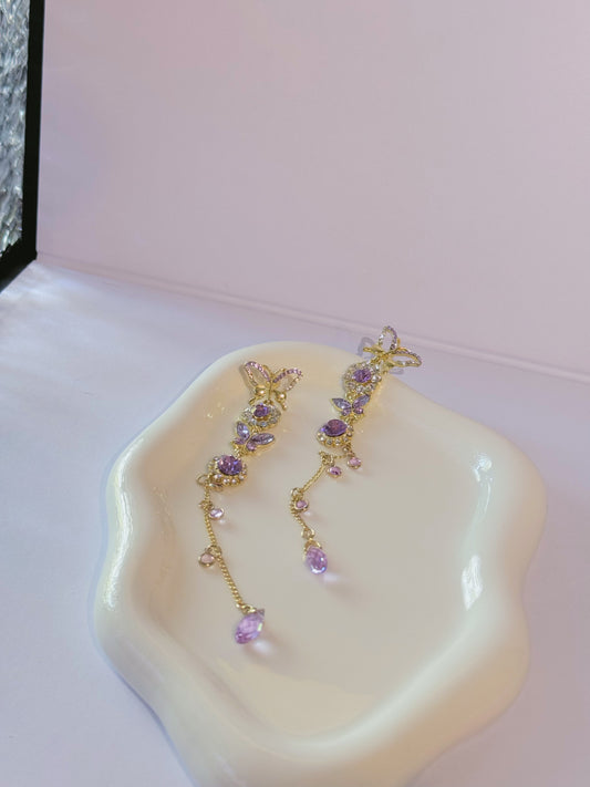 Gold Purpul Diamante Butterfly Crystal Dangle Earrings