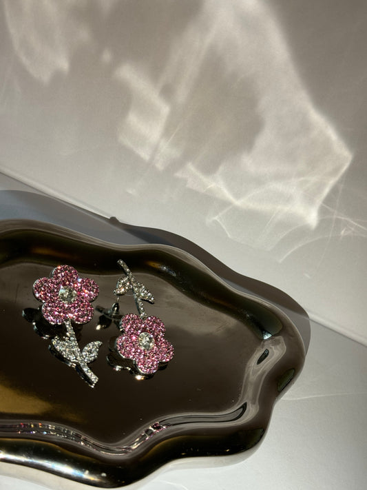 Pink Diamante Large Flower Drop Earings