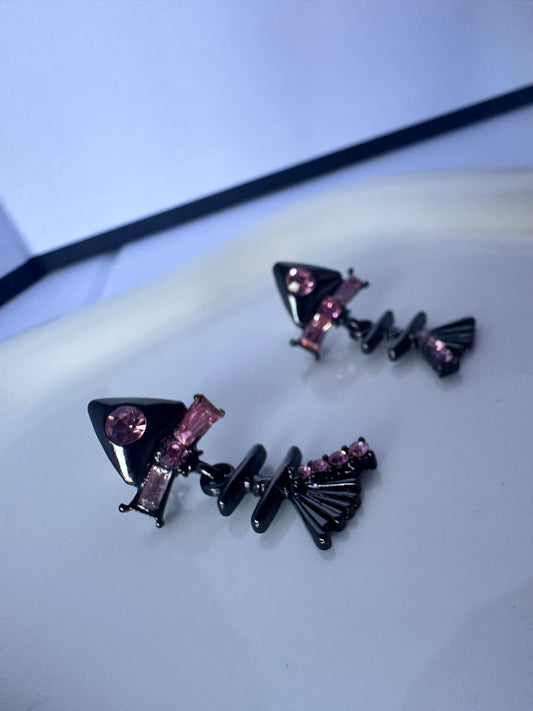 Pink Diamante Black Fish Bone Drop Earings