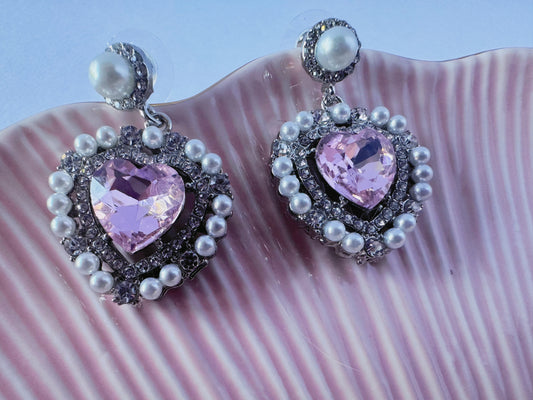 Pearl Pink Diamante Heart Drop Earings